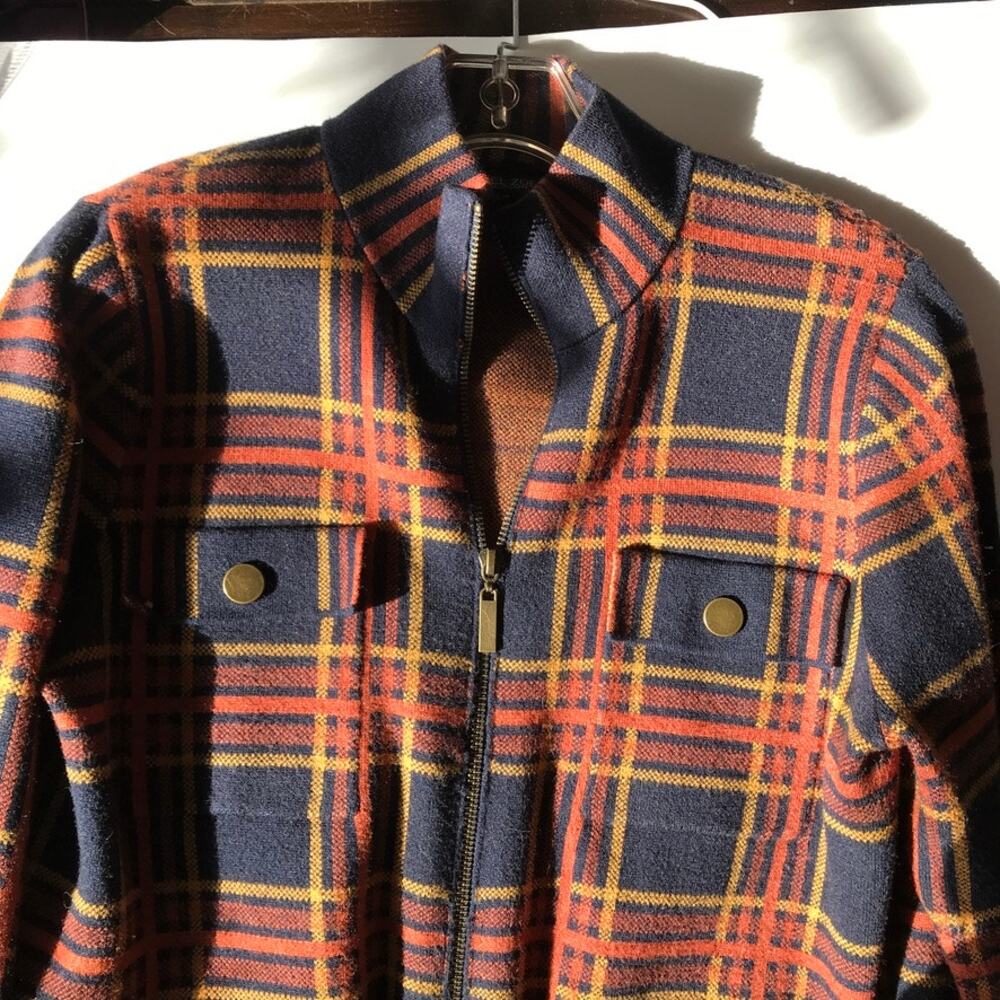 Rachel Zoe Zip-up Blue / Orange Plaid Sweater Cardigan Size M